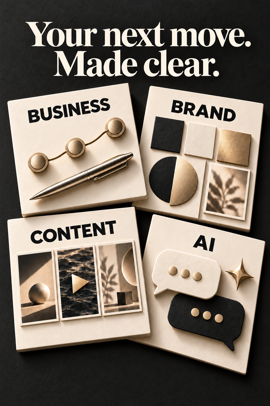 Your next move. Made clear. Business, Brand, Content and AI cards in cream, black and champagne gold.